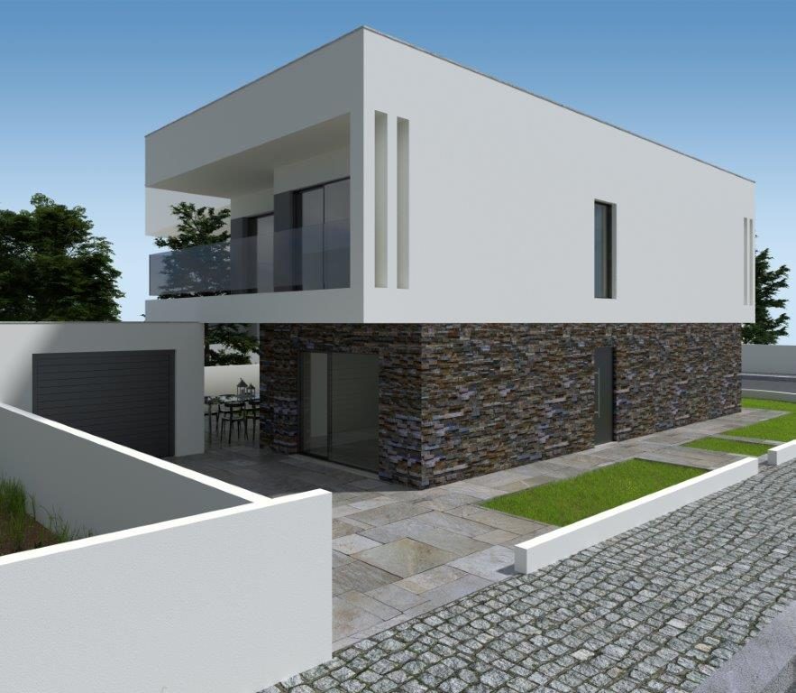 Imagem tridimensional da mesma moradia vista do lado da entrada, com portão e muro branco