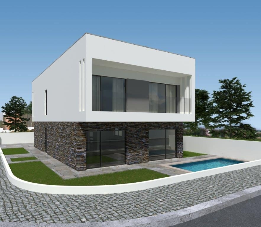 Imagem tridimensional de moradia branca de linhas retas com piscina, parede em pedra e jardim