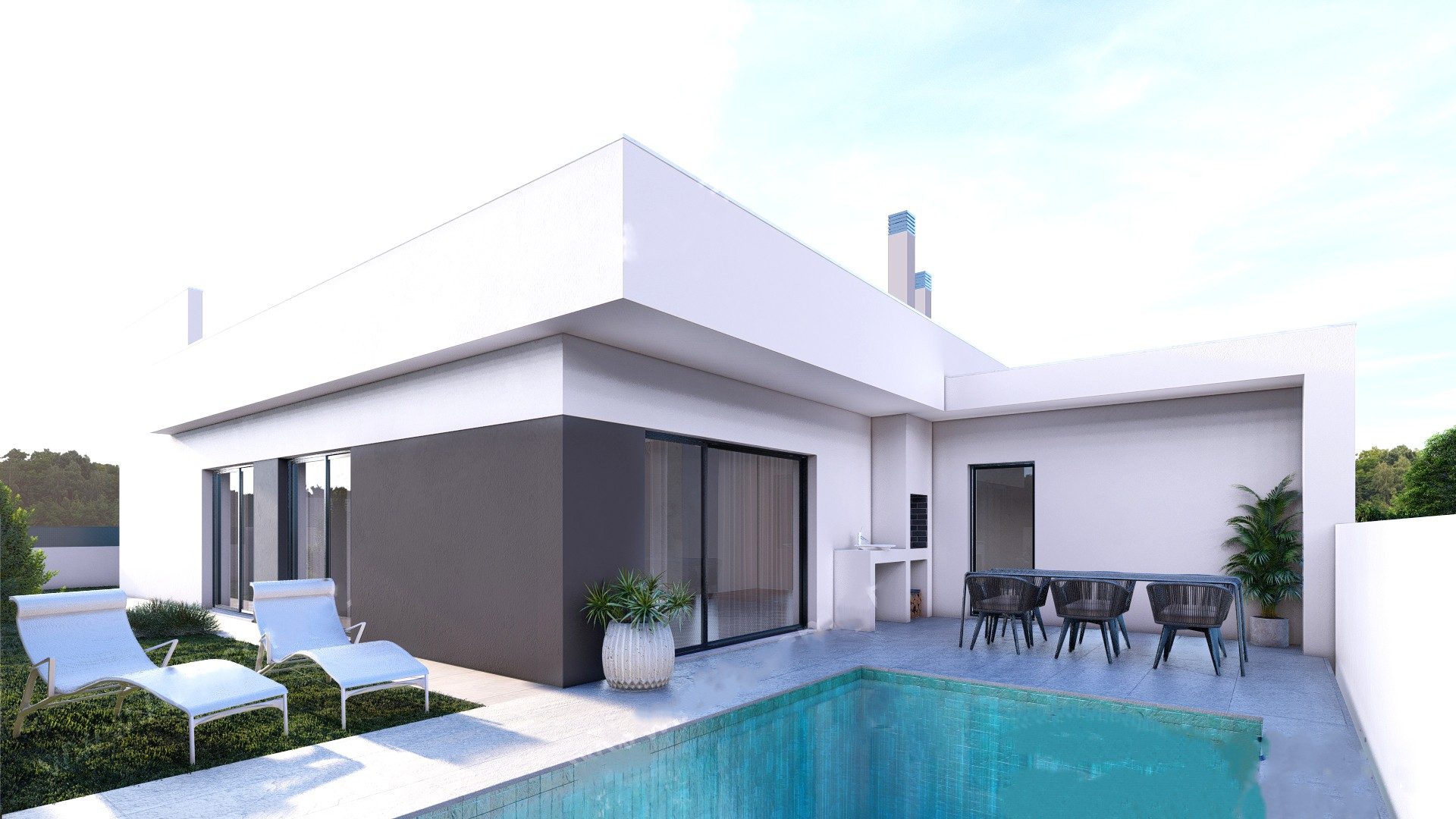 Imagem tridimensional de moradia térrea branca com piscina, espreguiçadeiras e zona de refeições exterior